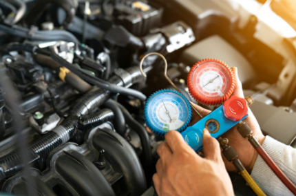 A person is working on a car engine with a gauge.