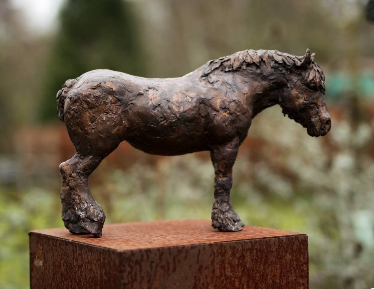 Een bronzen beeld van een paard staand op een roestig blok