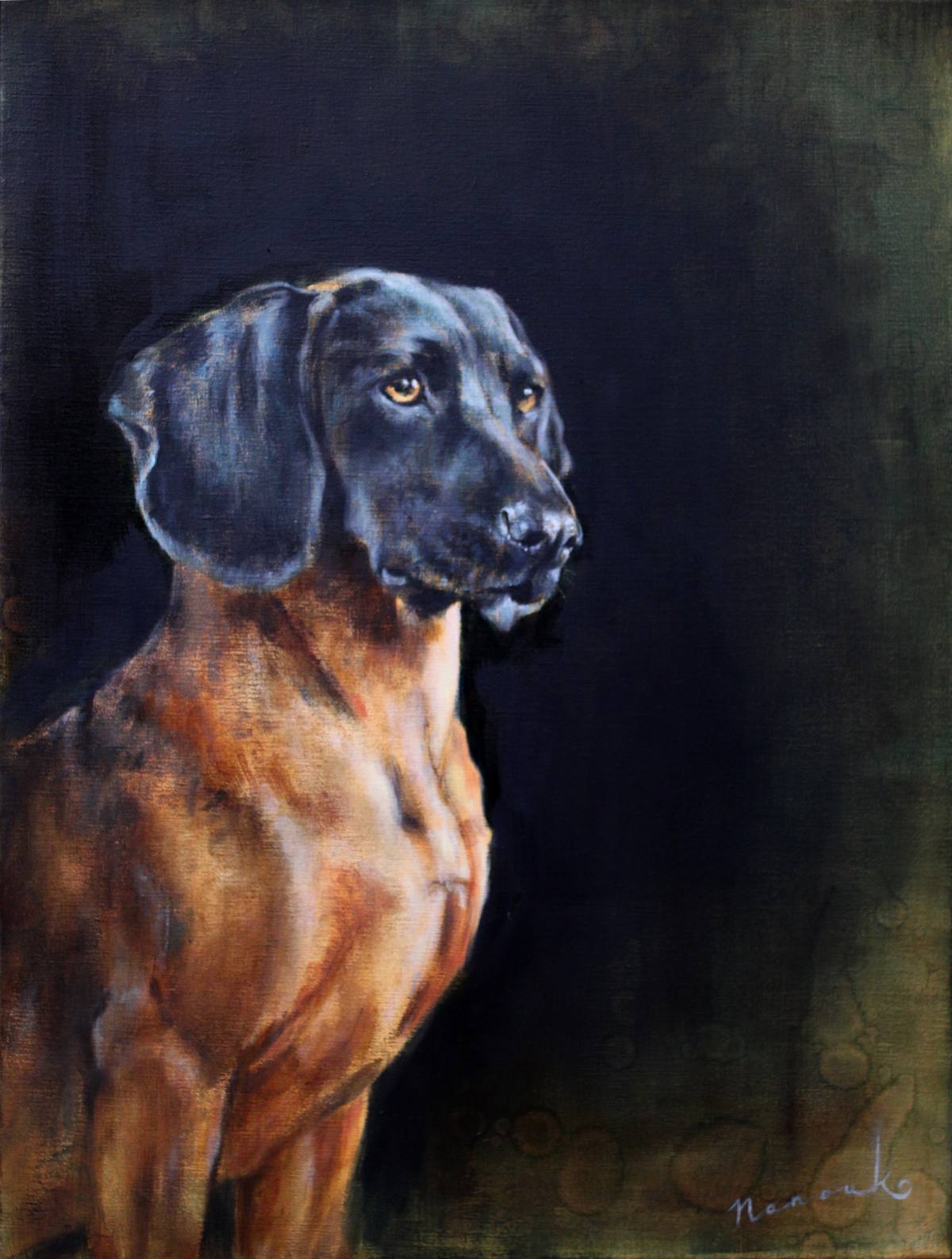 Een close-up van een schilderij van een bruine hond op een zwarte achtergrond.