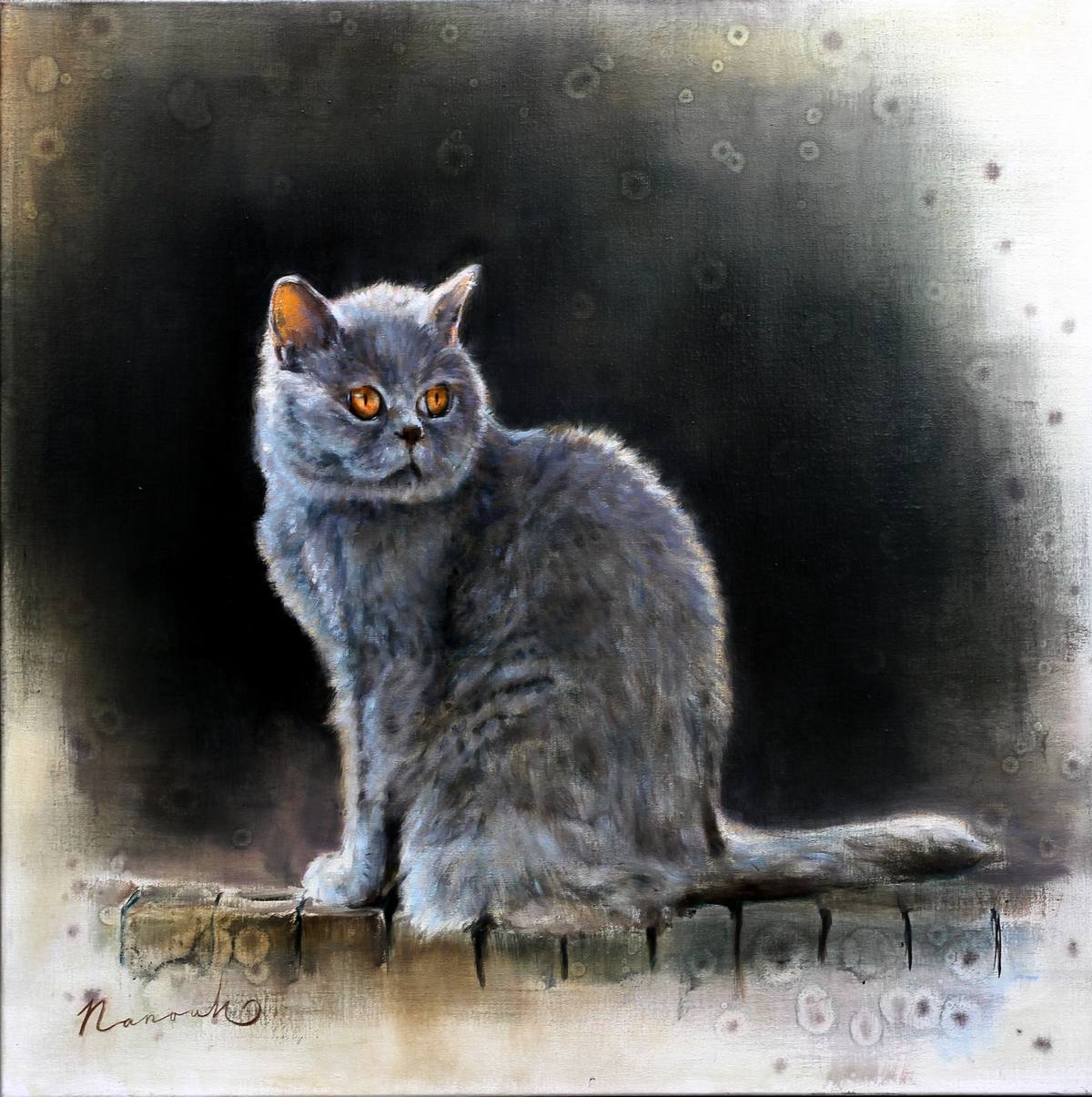 Een schilderij van een grijze kat met oranje ogen