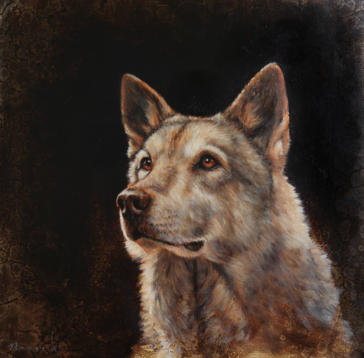 Een schilderij van een hond met een donkere achtergrond