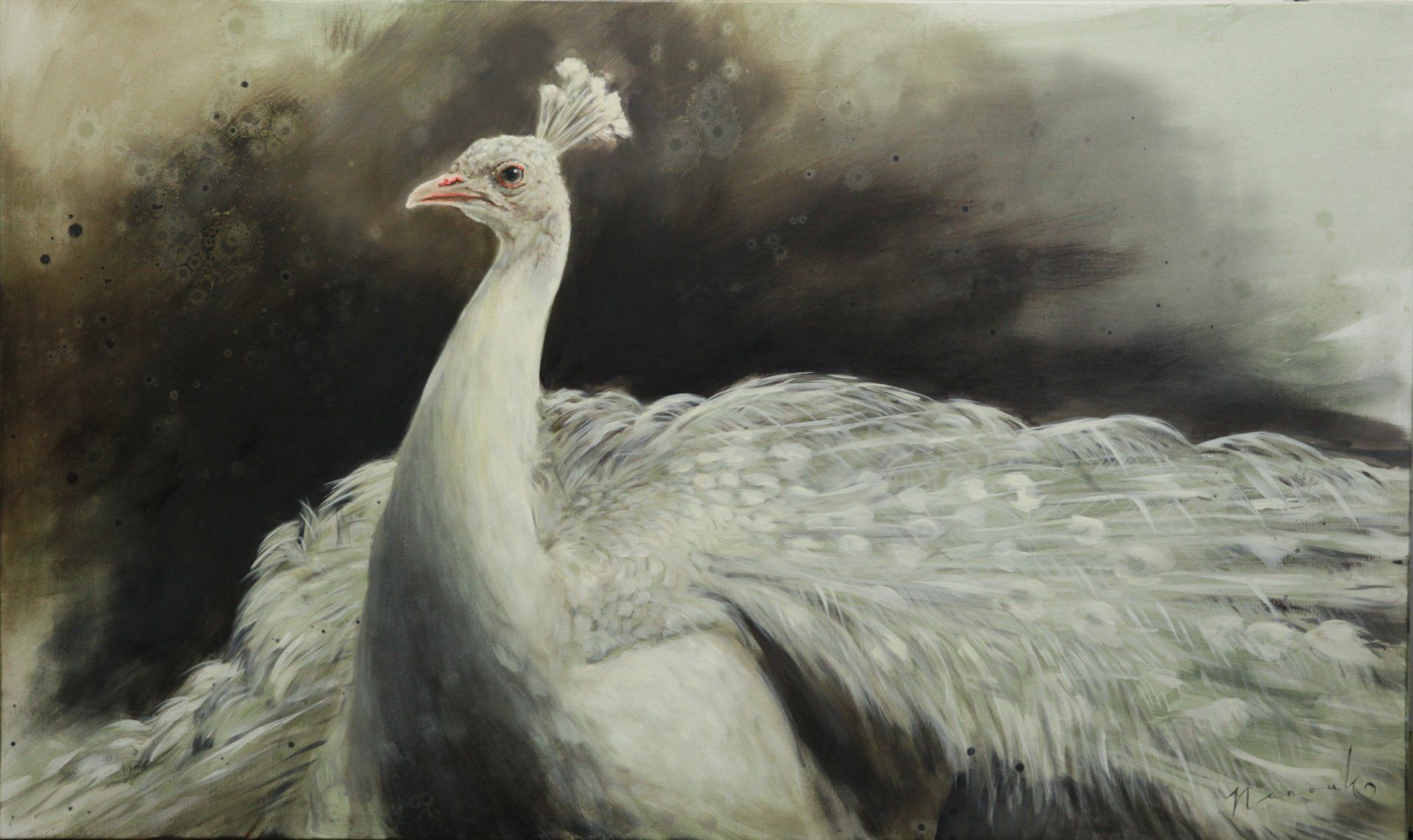 Een schilderij van een witte pauw op een zwarte achtergrond.