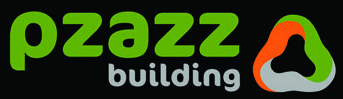 A green and orange logo for pzazz building