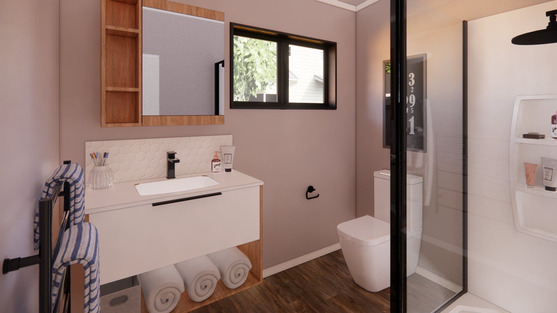 A bathroom with a sink , toilet , mirror and window.