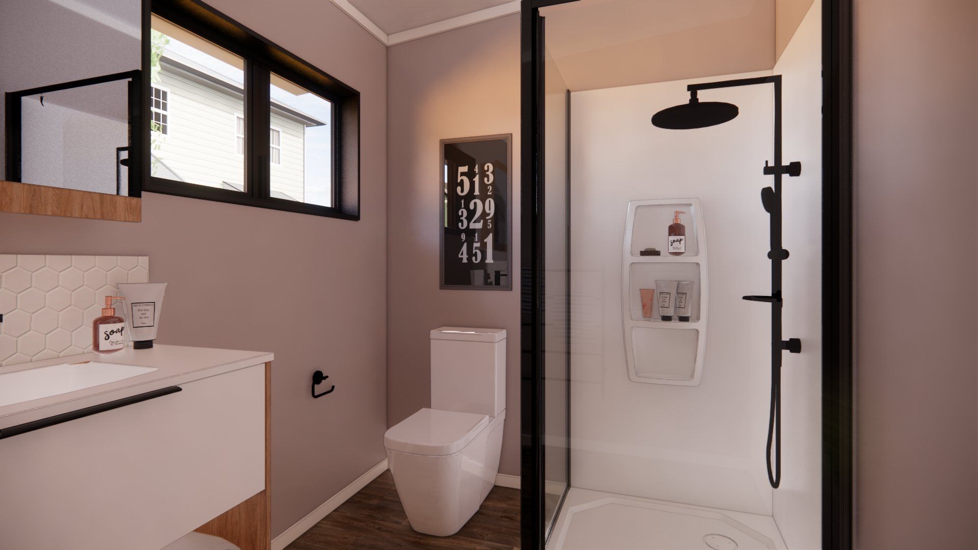 A bathroom with a toilet , sink and shower.