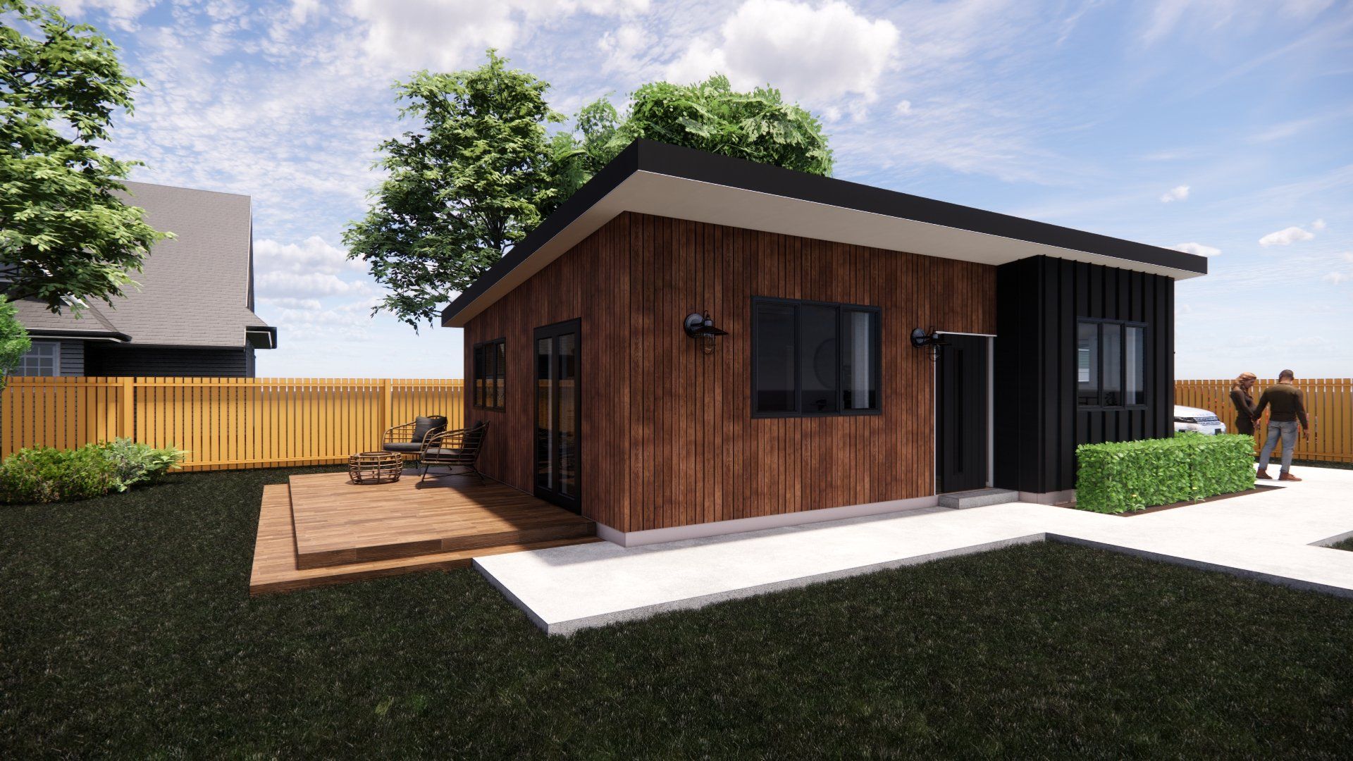 An artist 's impression of a small house with a wooden siding and a black roof.