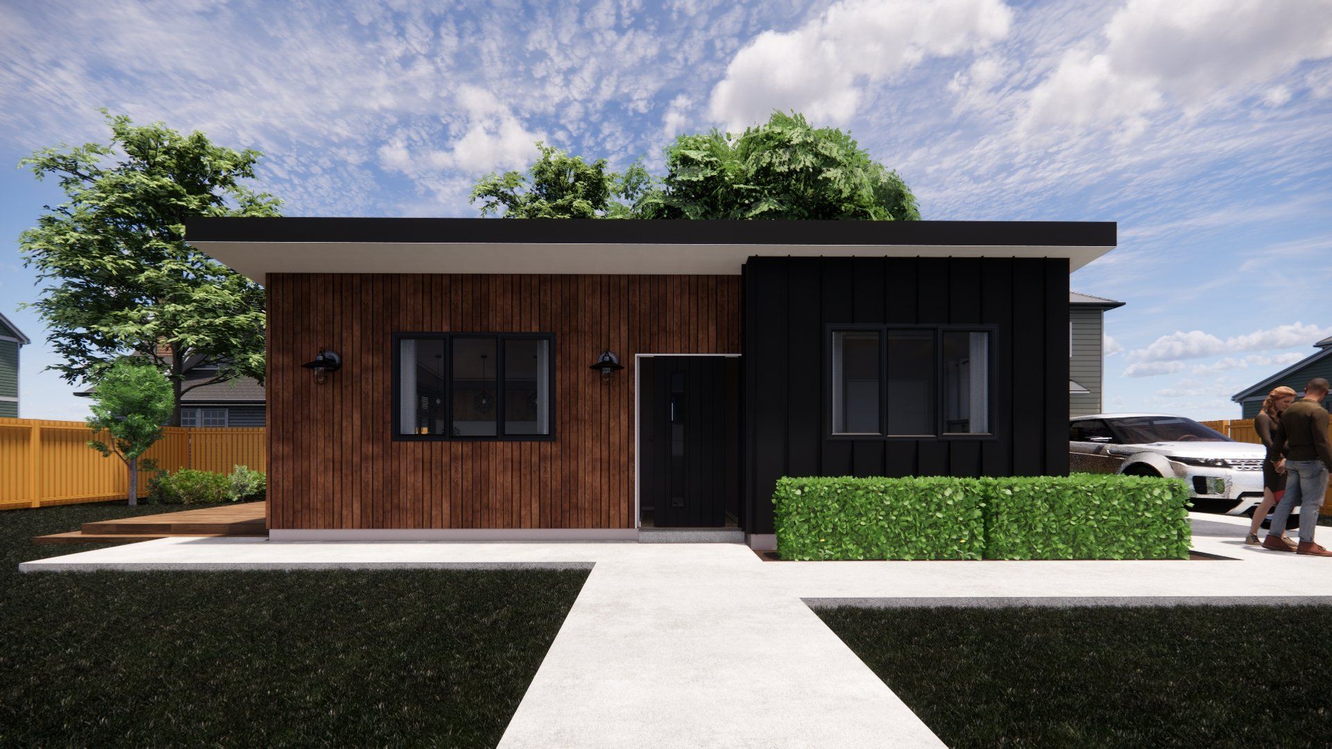 An artist 's impression of a small house with a walkway leading to it.