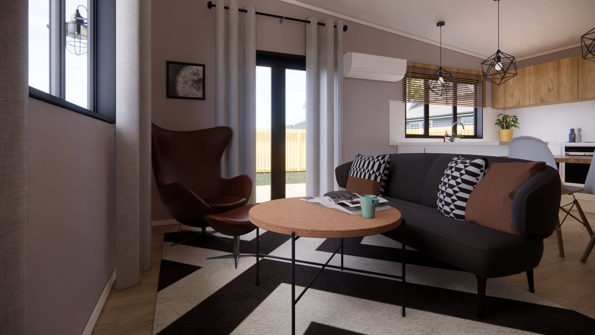 A living room with a couch , chair , table and window.