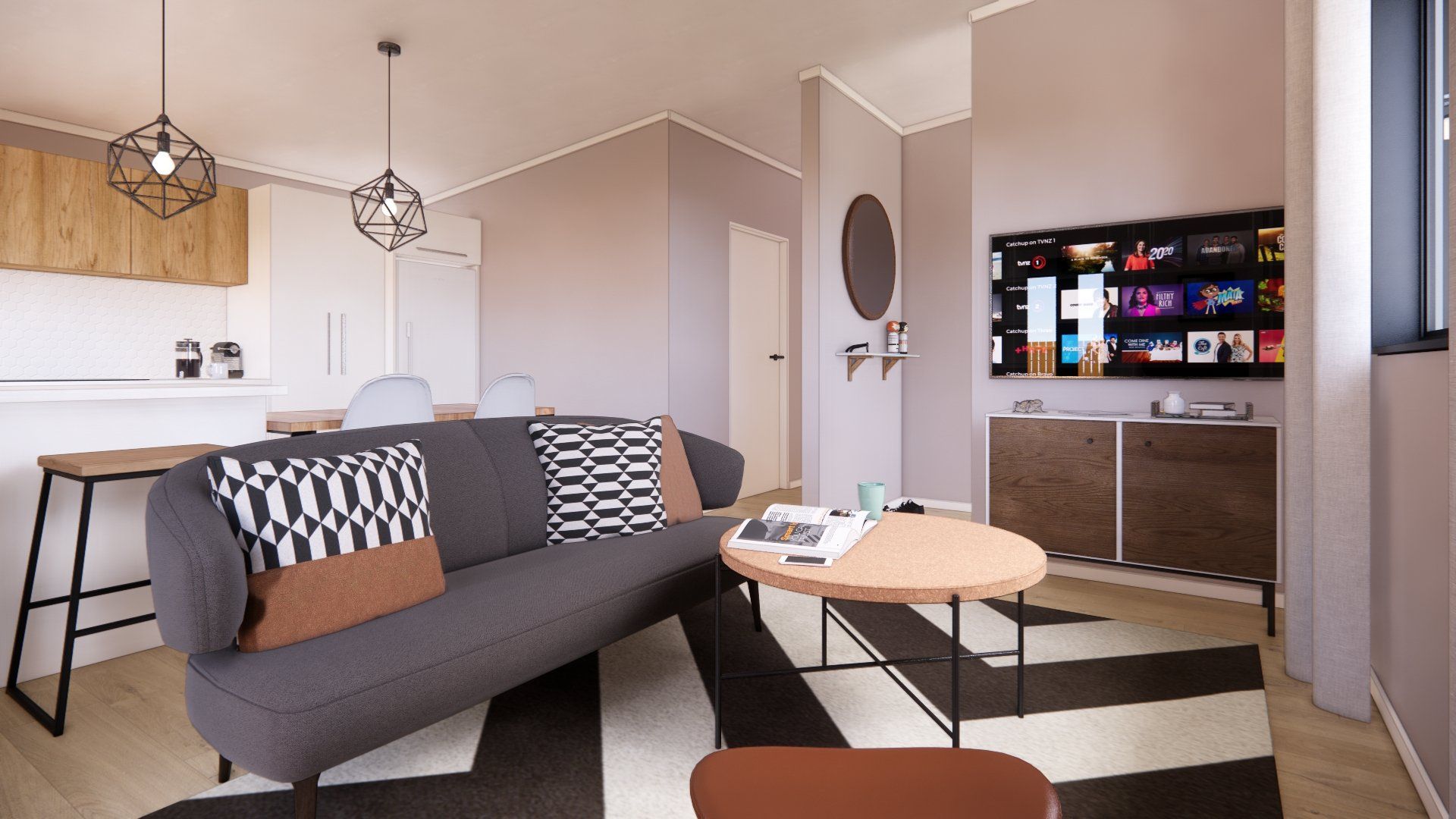 A living room with a couch , table , and television.