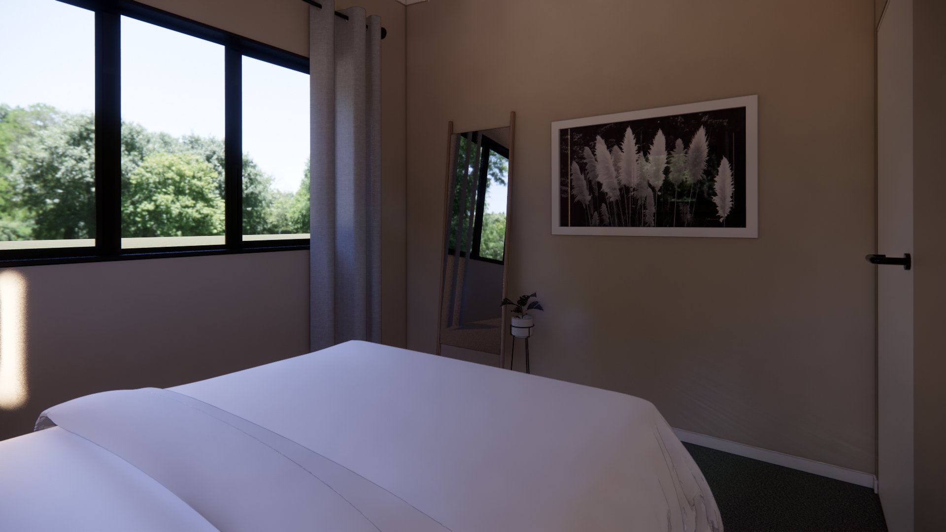 A bedroom with a bed , window , mirror and picture on the wall.