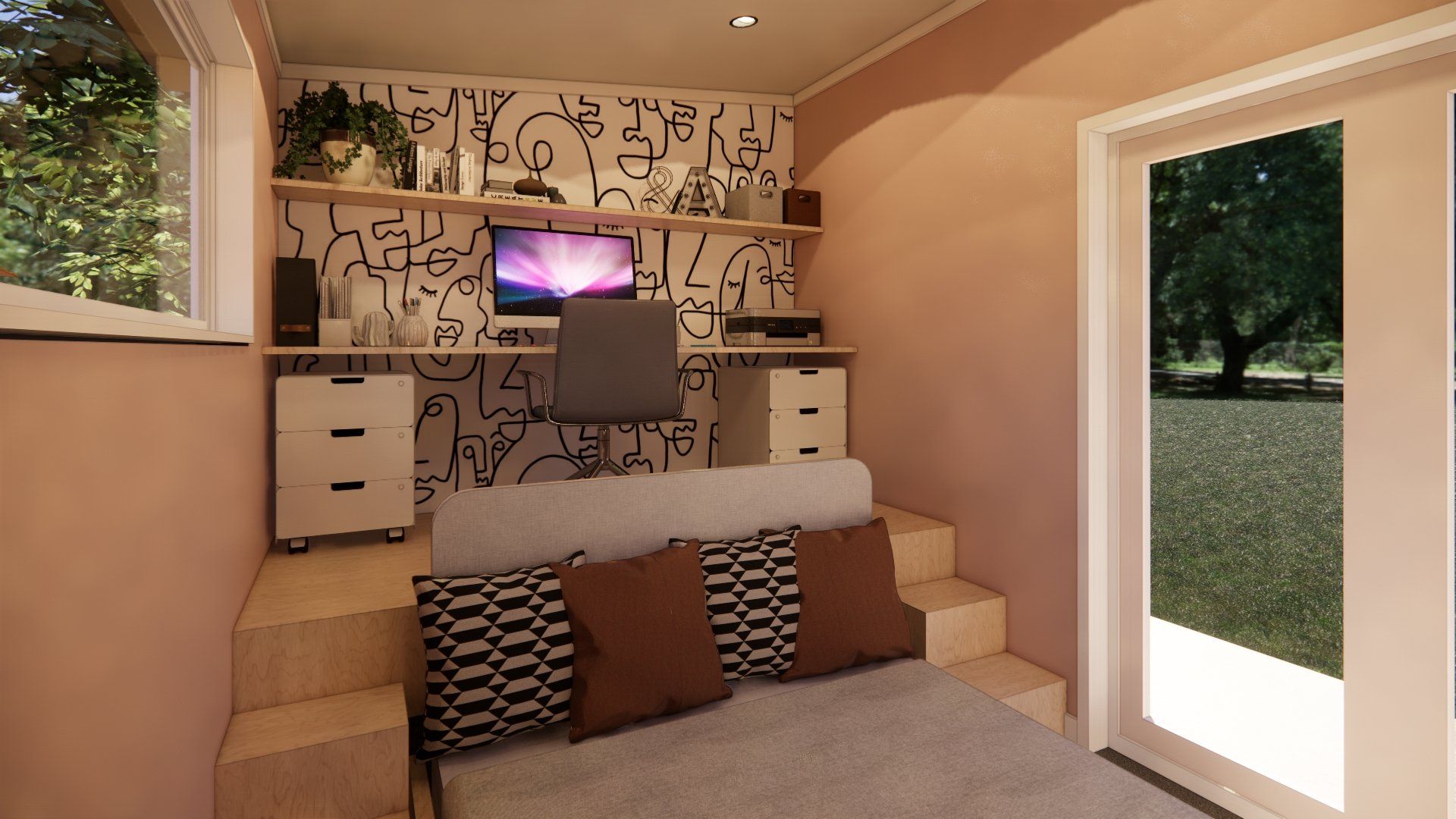 A bedroom with a couch and a desk with a computer on it.