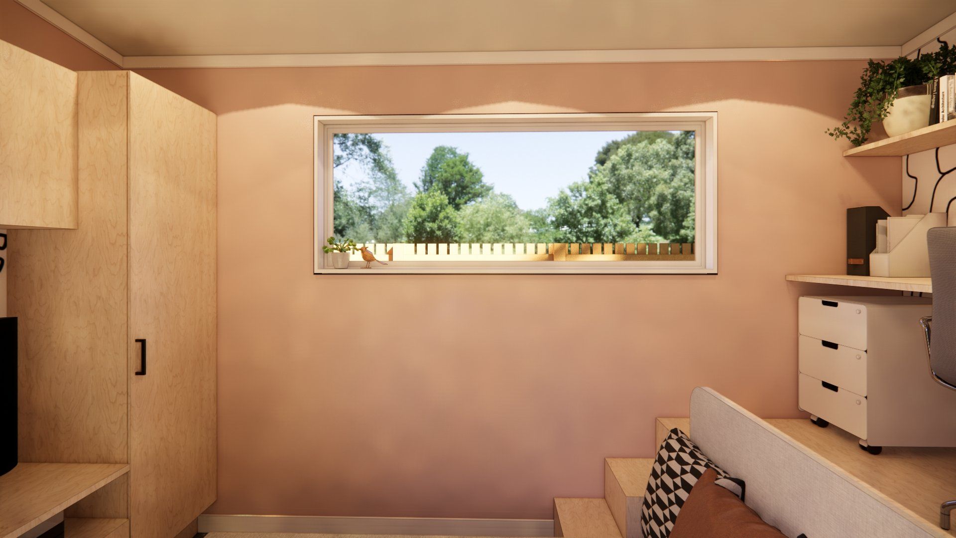 A room with a large window and a couch.