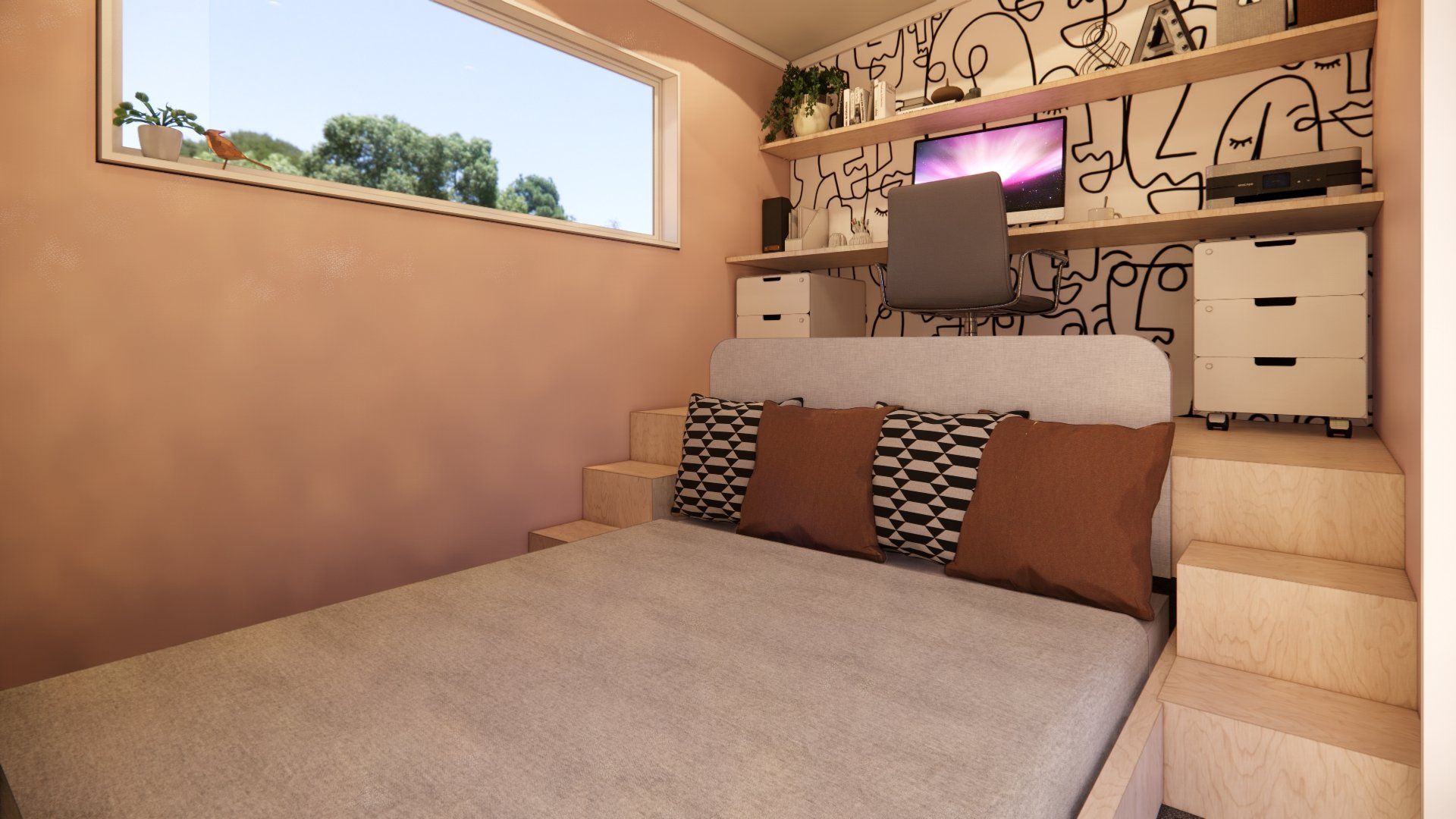 A bedroom with a bed , desk , stairs and a window.