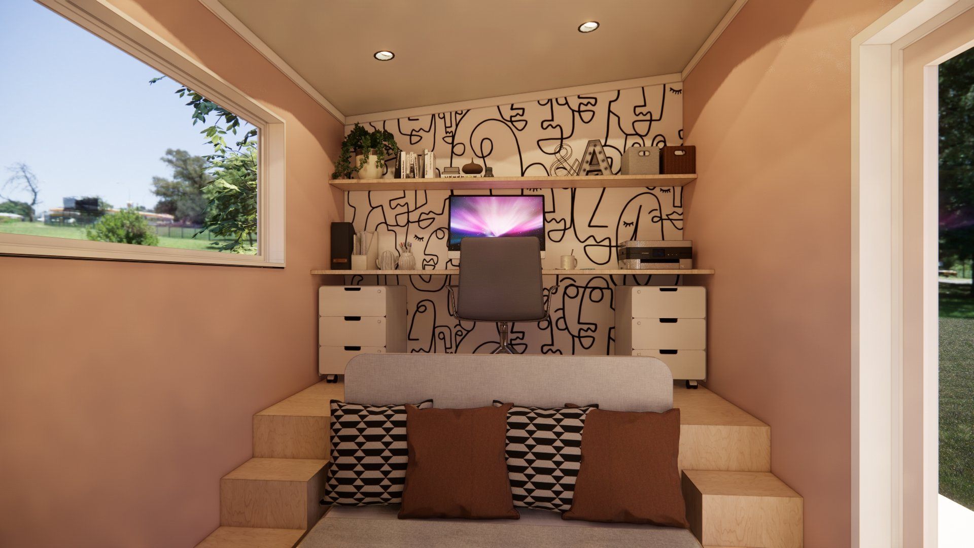 A bedroom with a bed , desk and television.