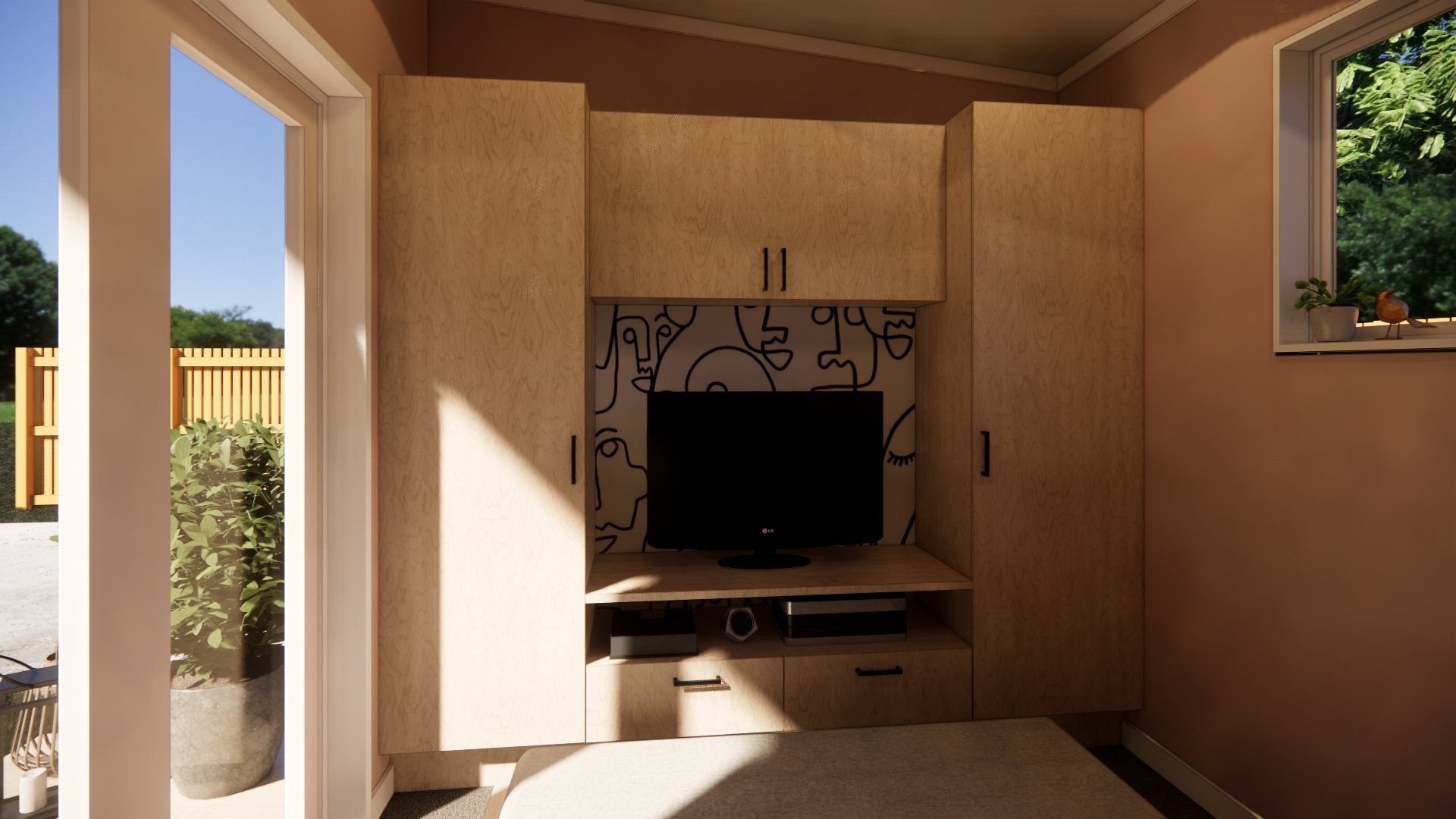 A living room with a flat screen tv mounted to the wall.