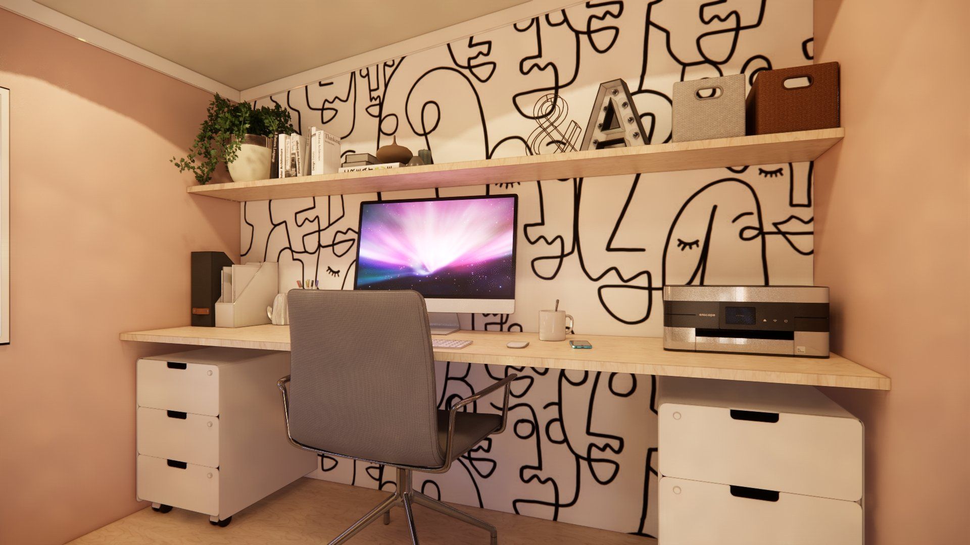 A computer is sitting on a desk in front of a wall with drawings on it.