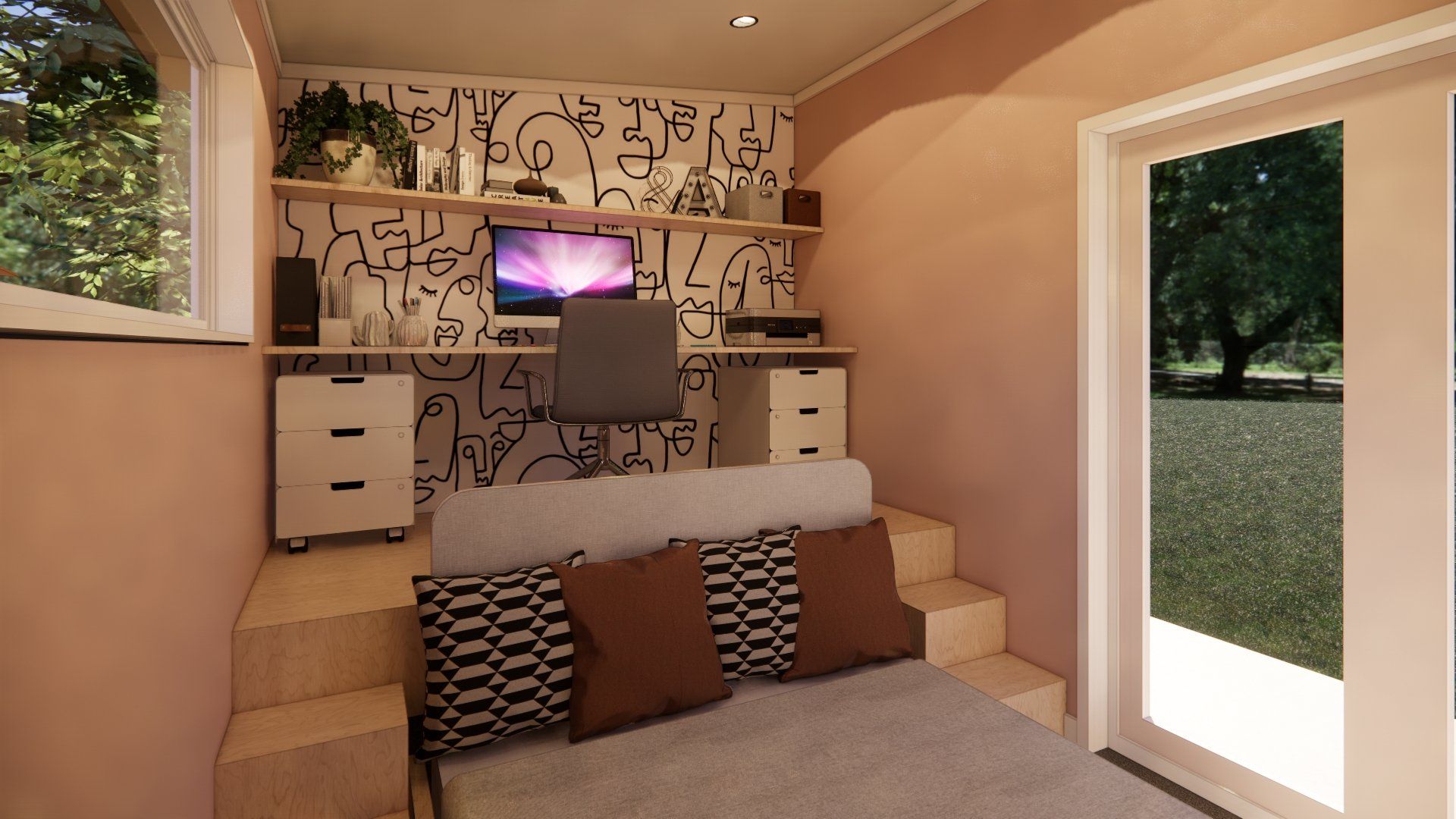 A bedroom with a bed and a desk with a computer on it.