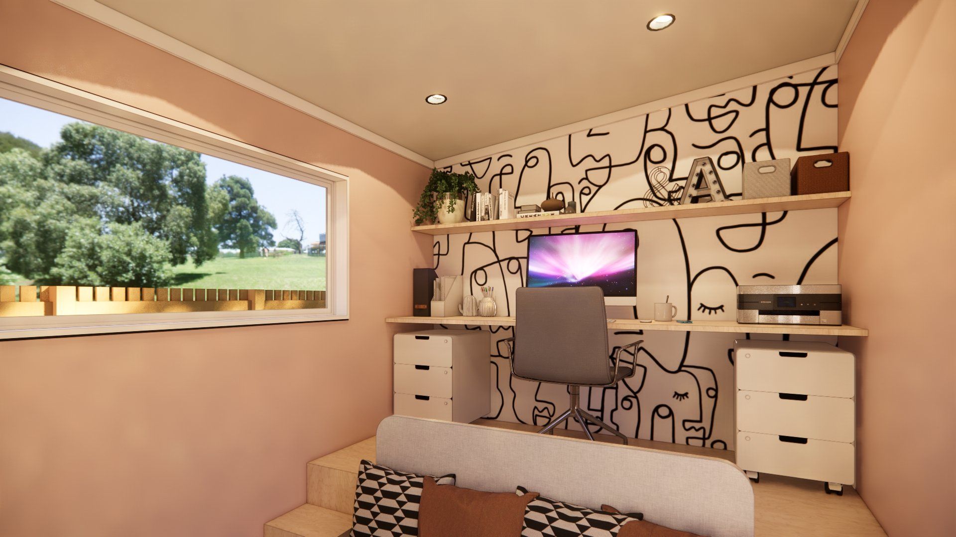 A room with a couch , desk , computer and a window.