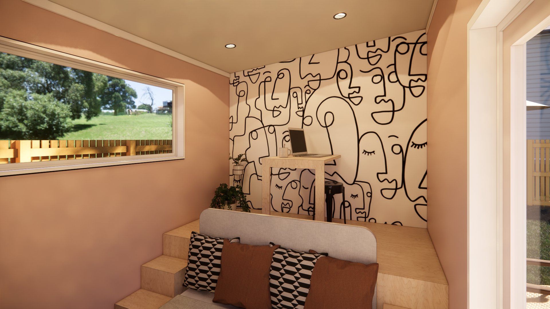 A living room with a couch and a window with a drawing of faces on the wall.
