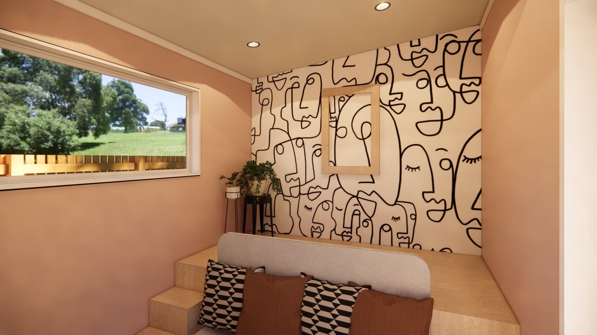 A bedroom with a bed and a wall with faces on it.