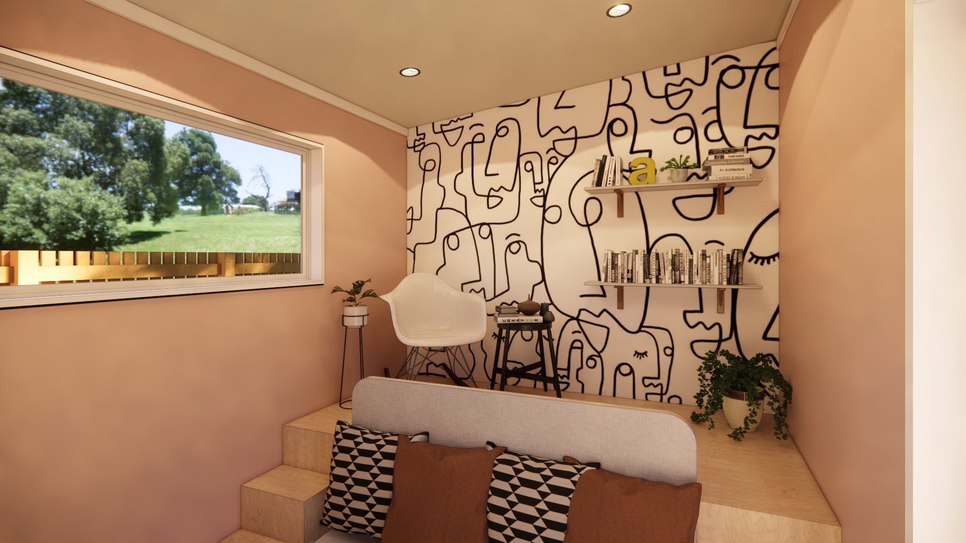 A bedroom with a bed , chair , and window . the wall has a drawing of faces on it.