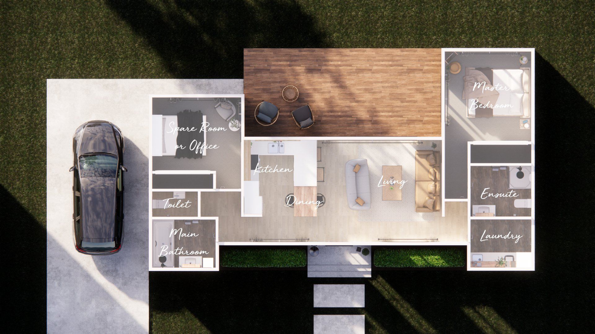 An aerial view of a house with a car parked in front of it.