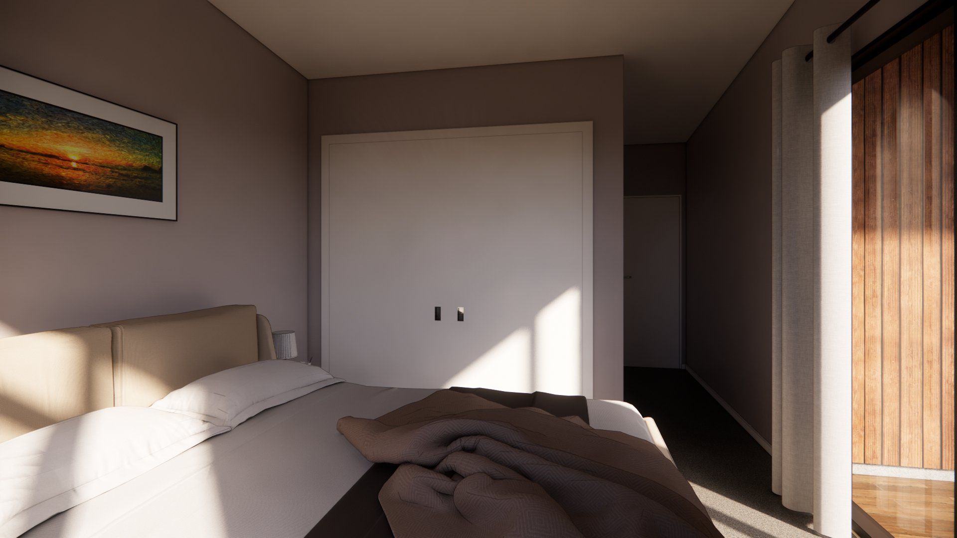 A bedroom with a bed and a picture on the wall.