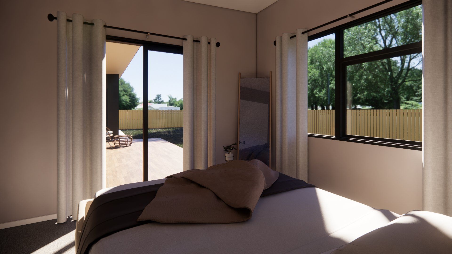 A bedroom with a bed , two windows and a sliding glass door.