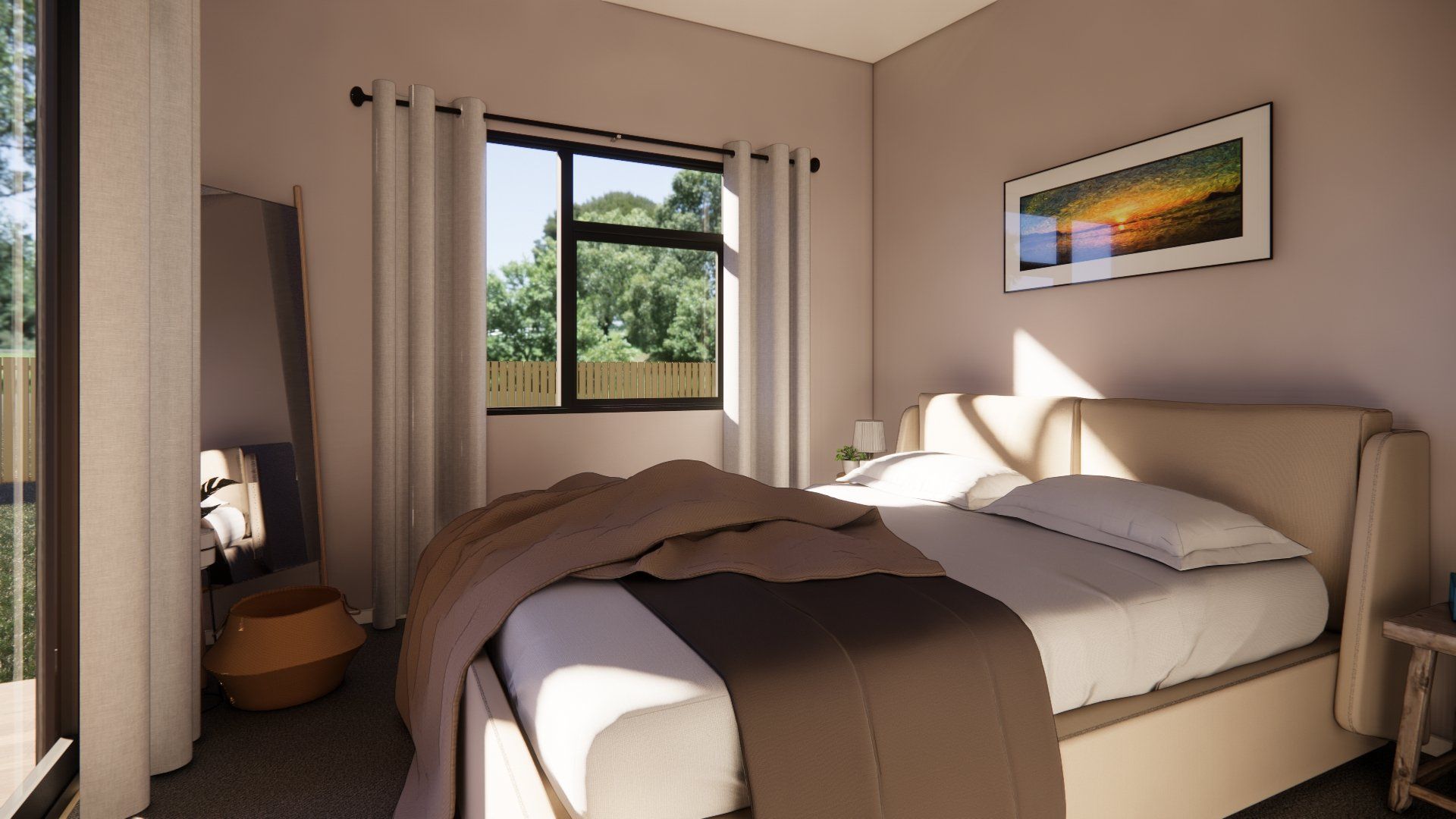 An artist 's impression of a bedroom with a large bed and a large window.