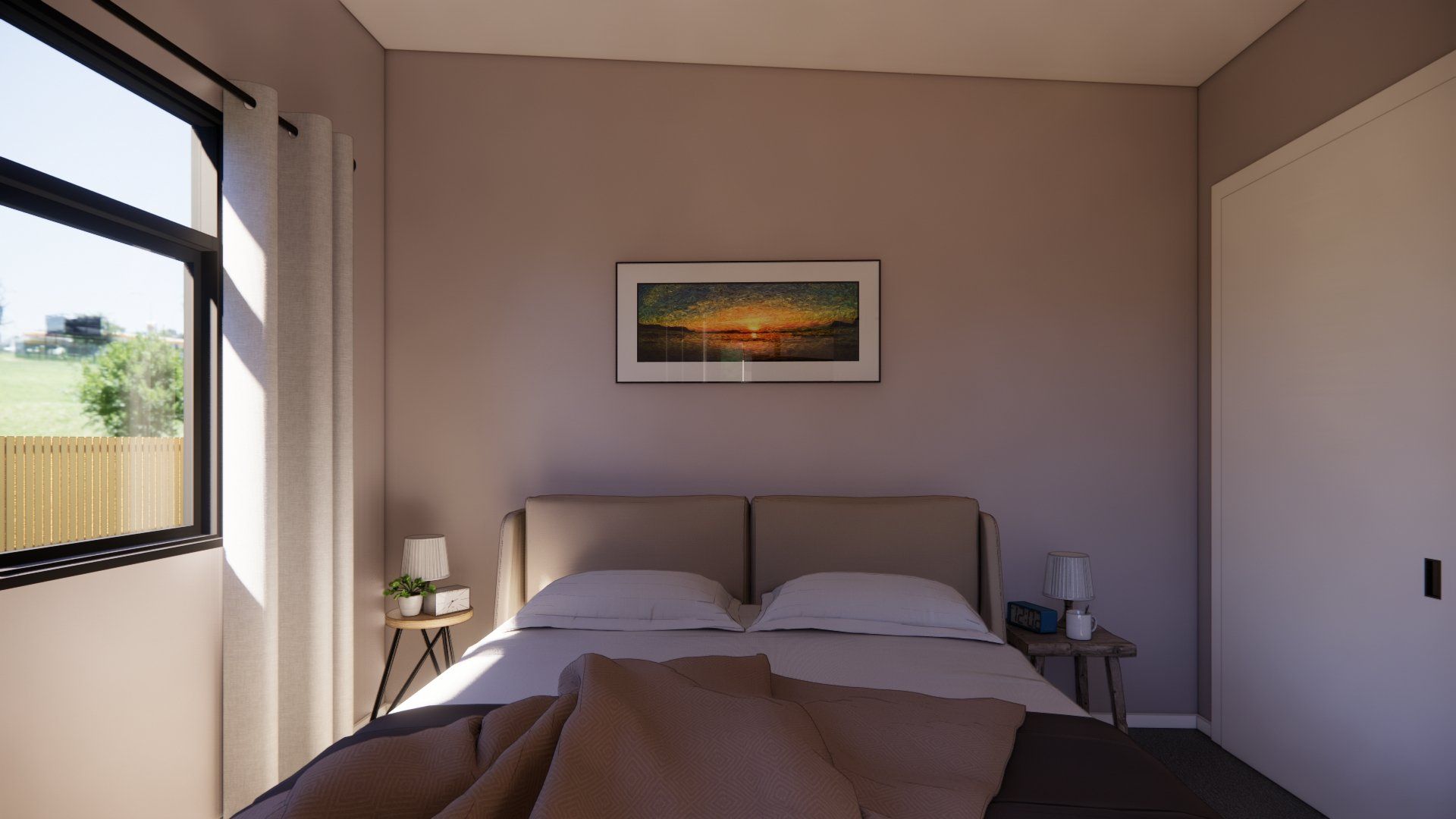 A bedroom with a bed and a picture on the wall.
