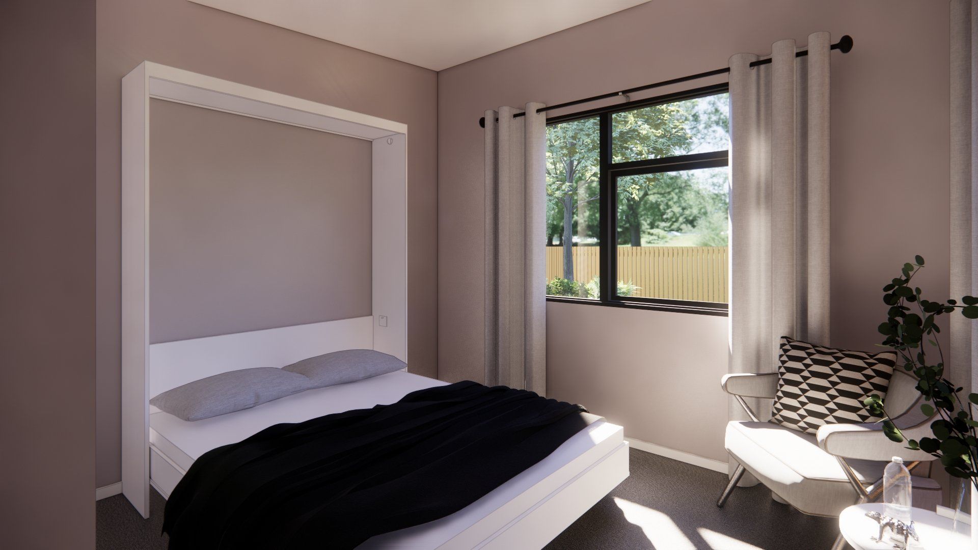 A bedroom with a bed , chair and window.
