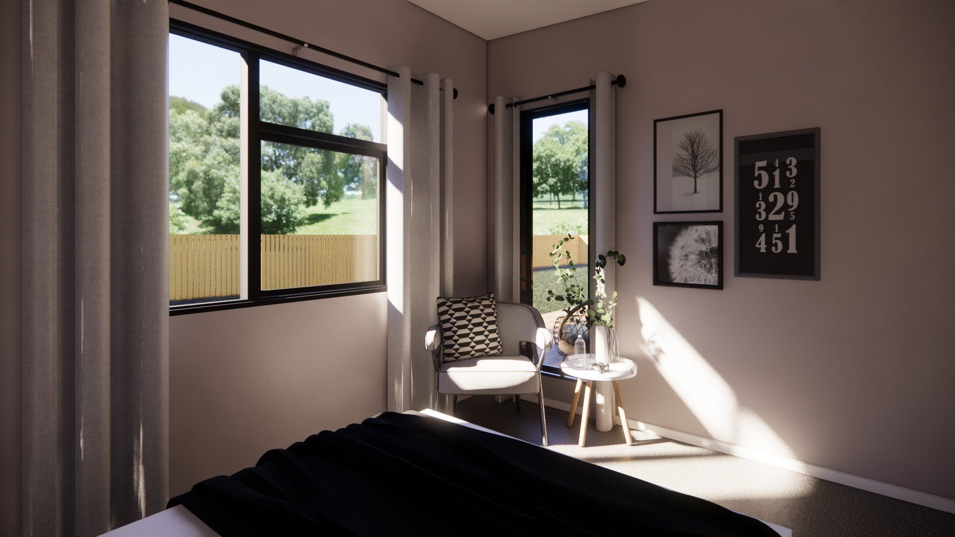 A bedroom with a bed , chair , table and window.