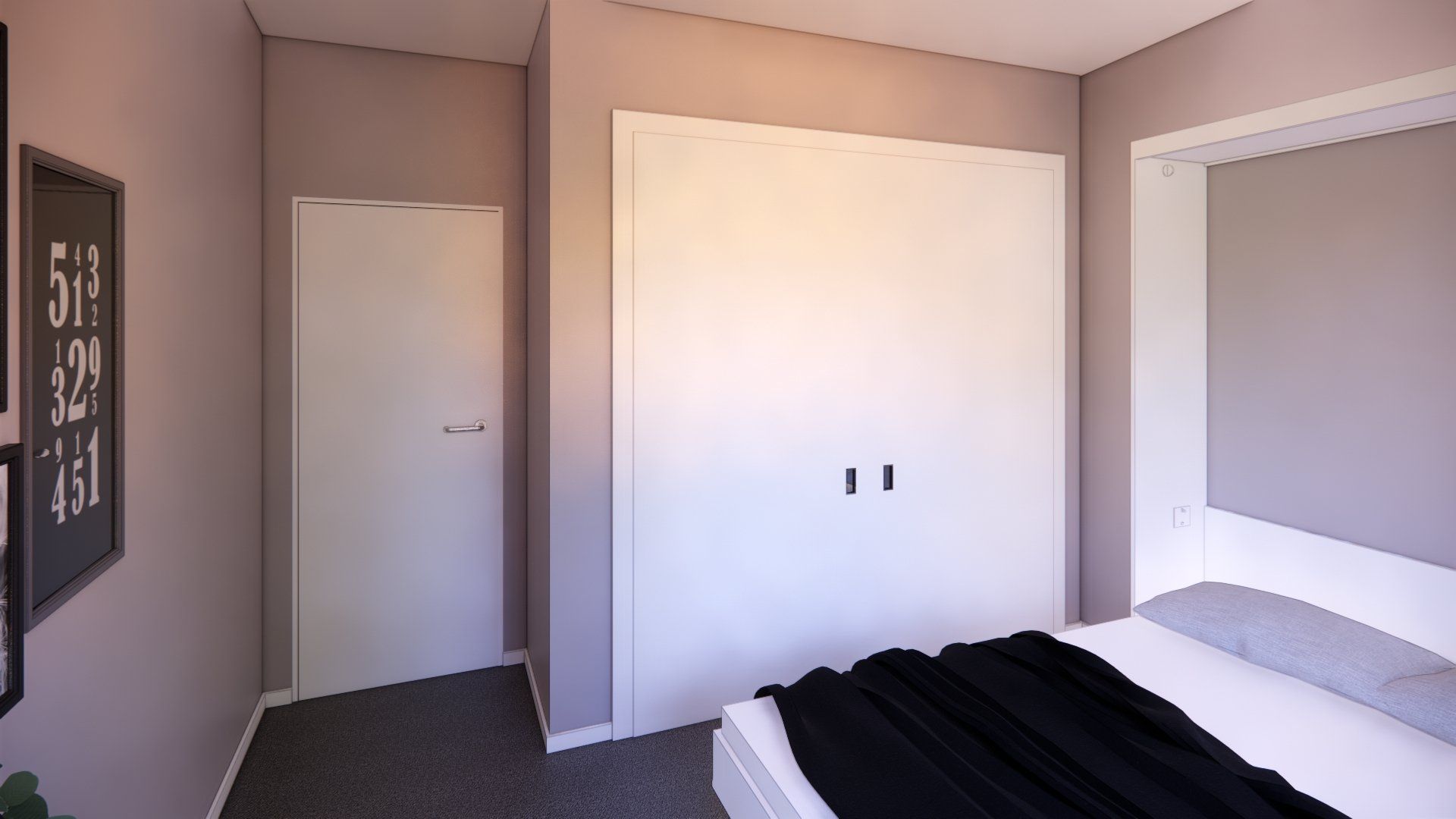 An artist 's impression of a bedroom with a bed and a wardrobe.