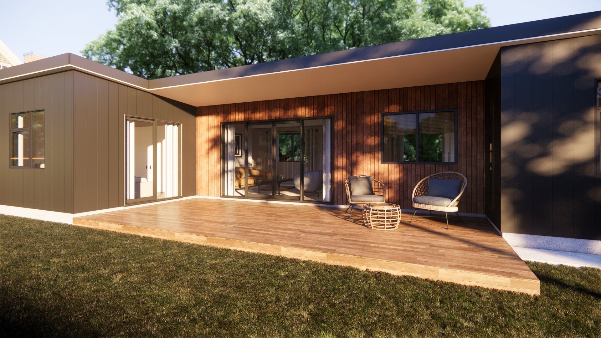 A house with a patio and chairs in front of it.