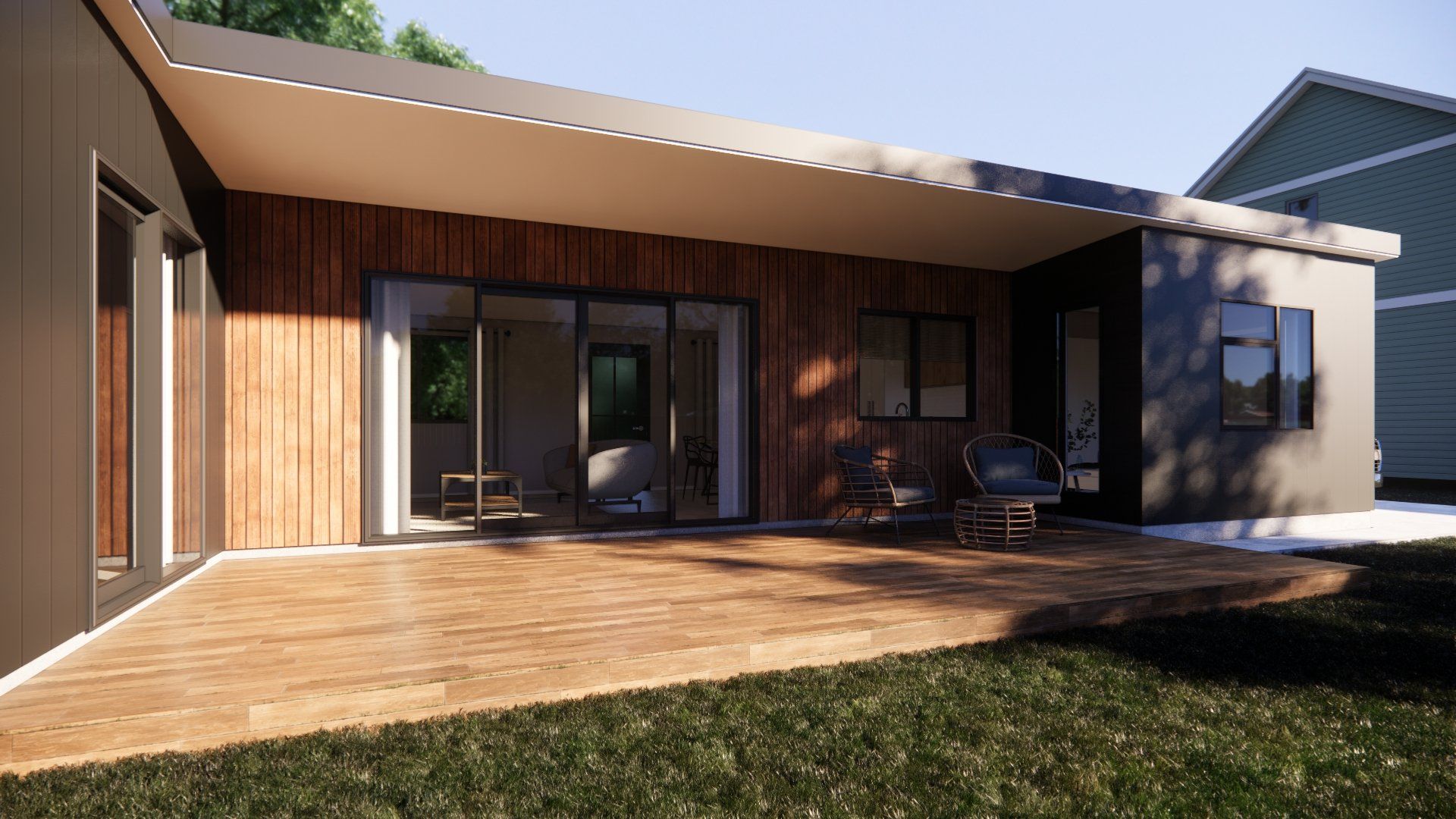 An artist 's impression of a modern house with a large deck and sliding glass doors.