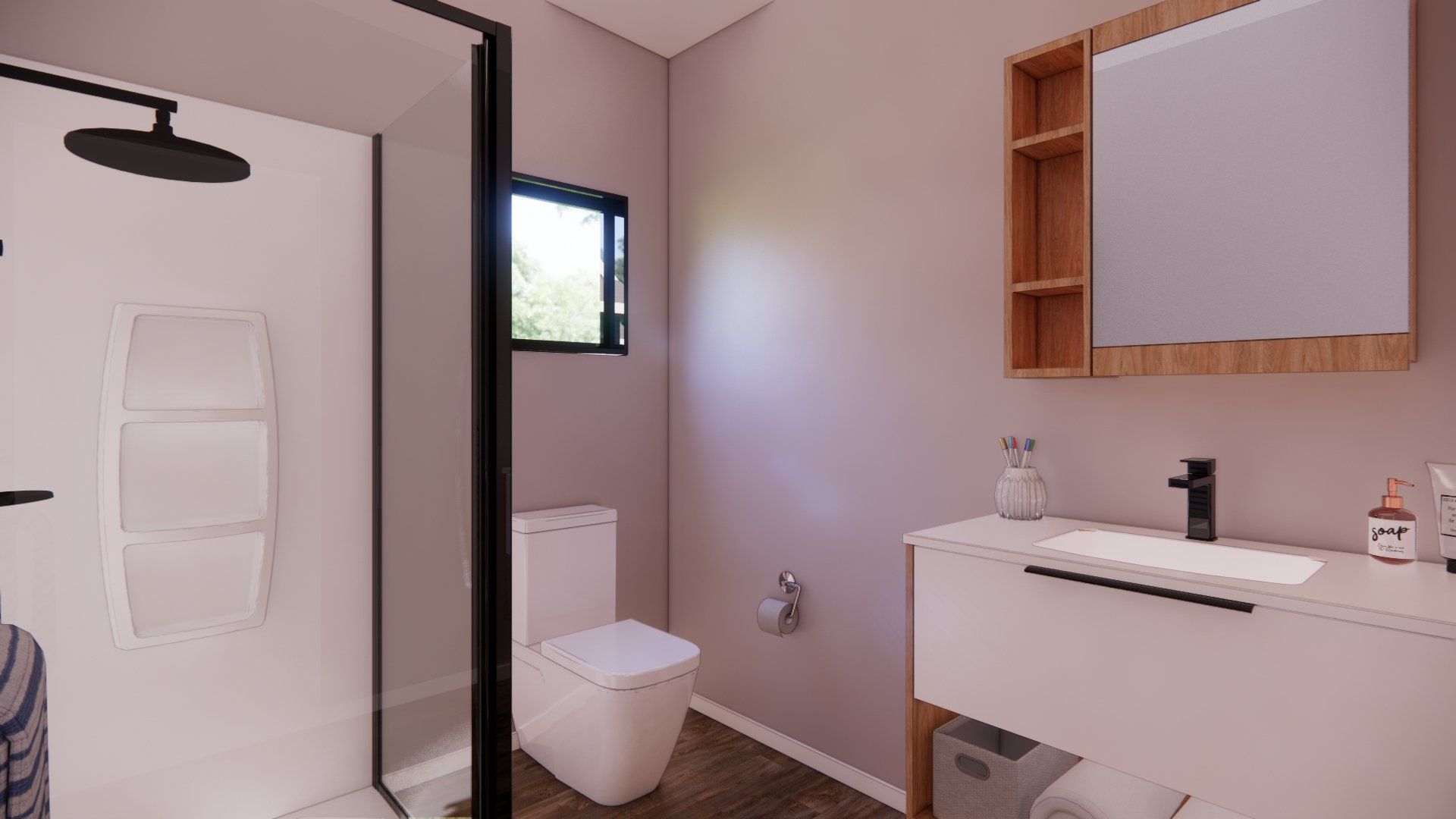 A bathroom with a toilet , sink and shower.