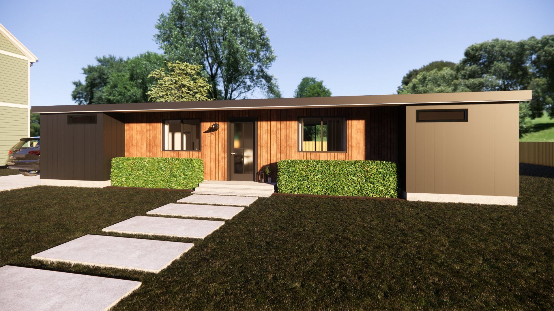 A house with a concrete walkway leading to it