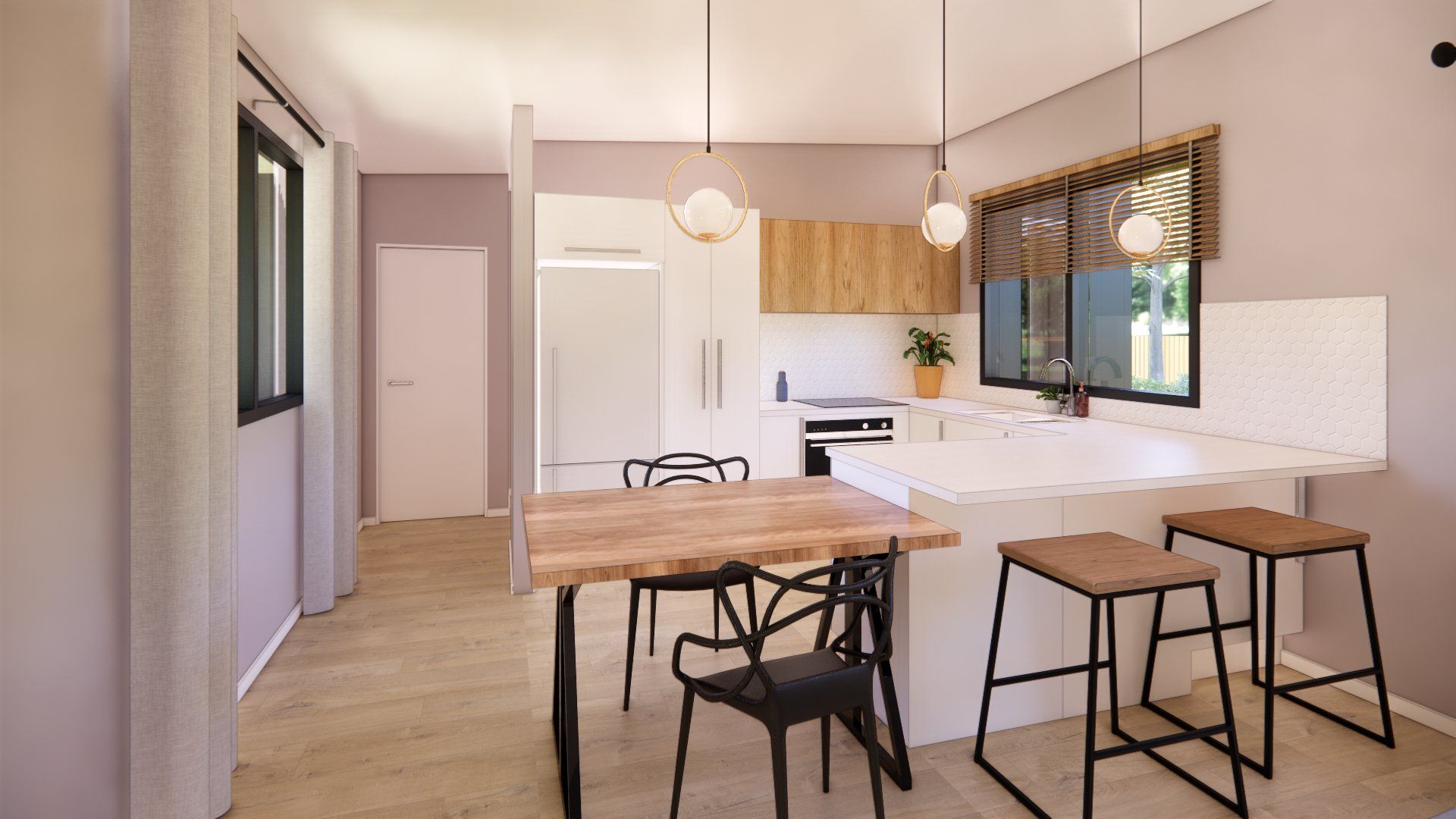 An artist 's impression of a kitchen with a table and chairs.