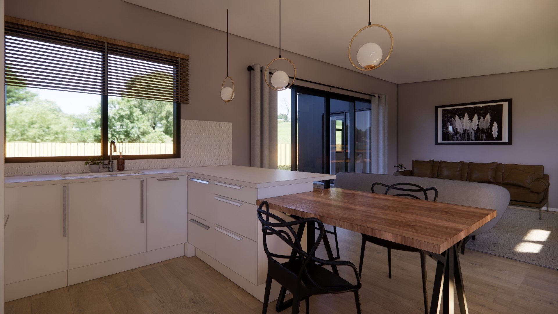 A kitchen with a table and chairs and a living room with a couch.