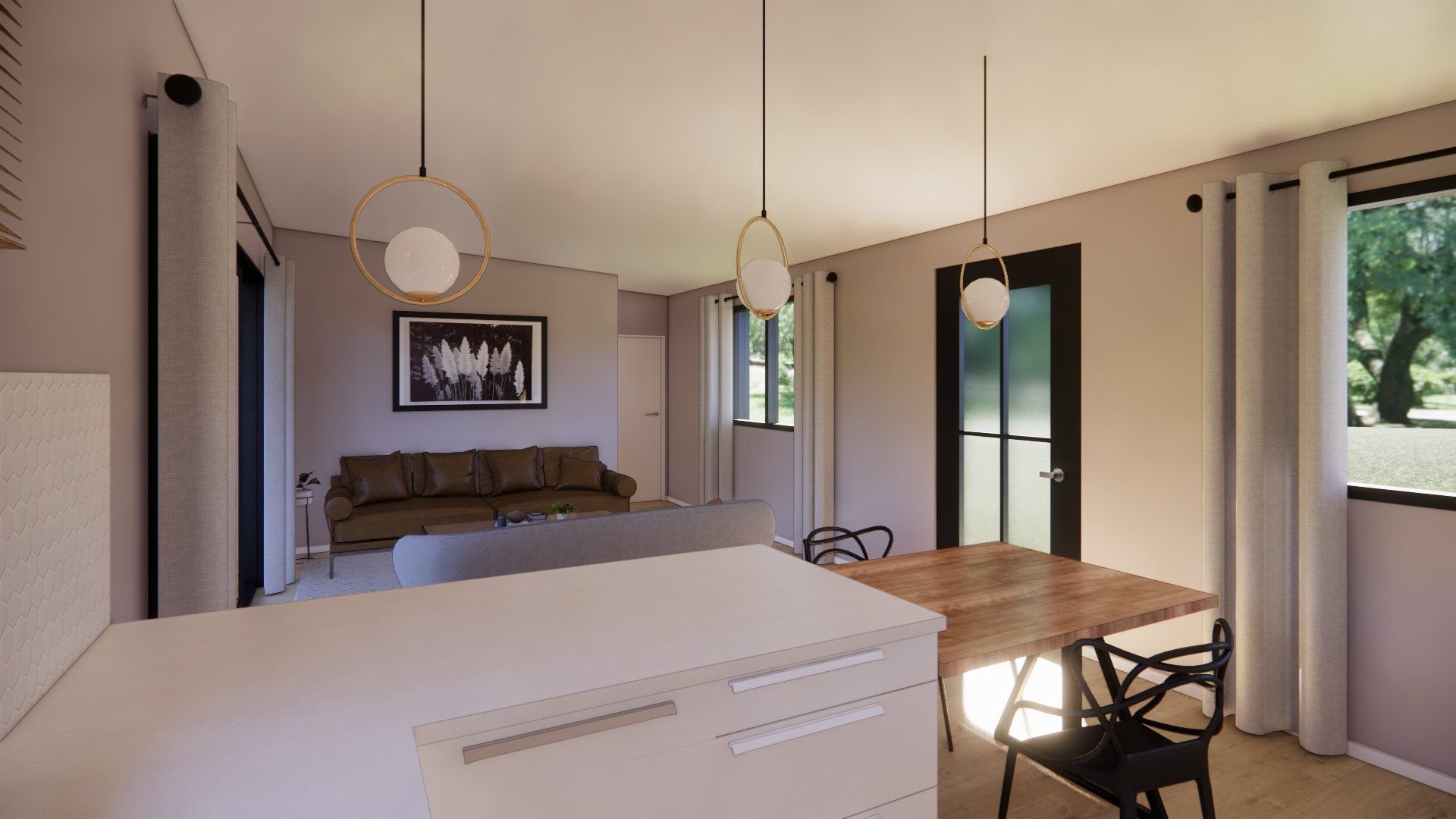 An artist 's impression of a living room and dining room in a house.