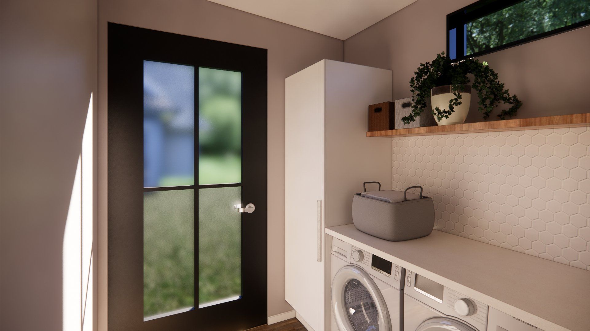 A laundry room with a washer and dryer and a window.