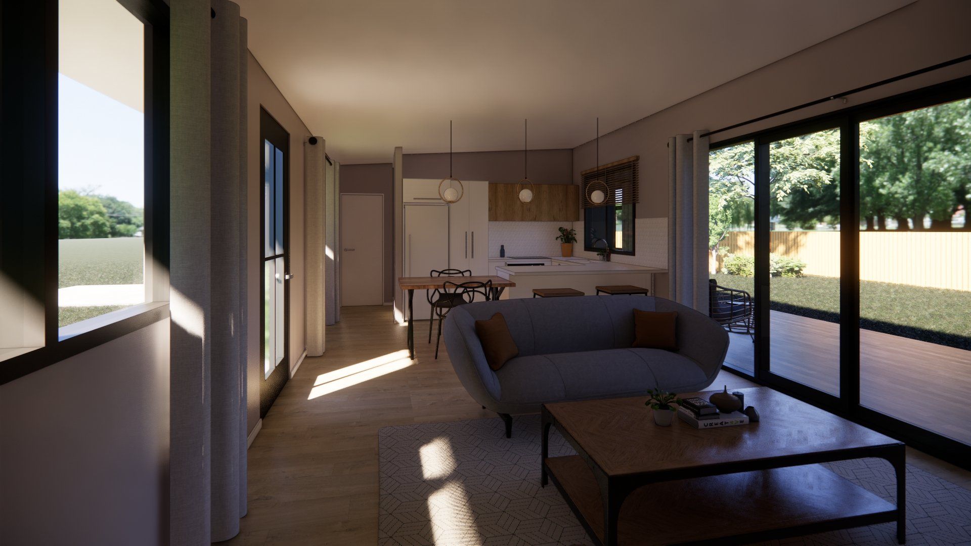A living room with a couch and a coffee table