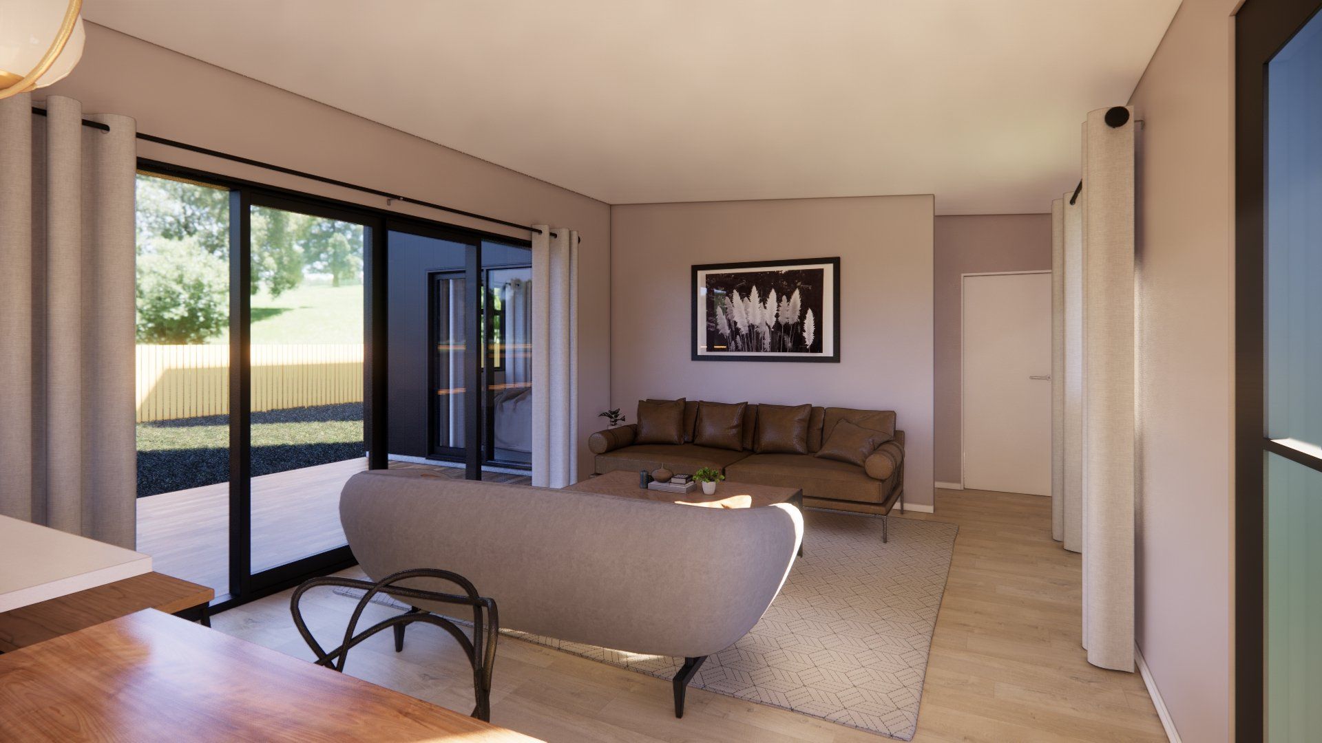 A living room with a couch , table , and sliding glass doors.