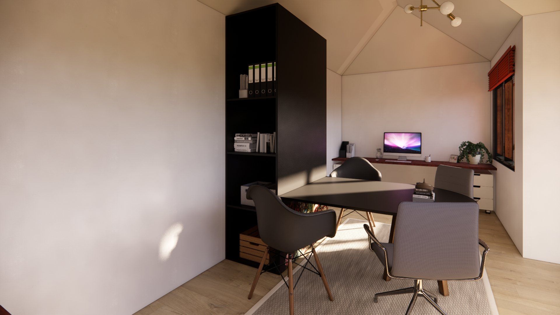 A 3d rendering of a home office with a desk and chairs.
