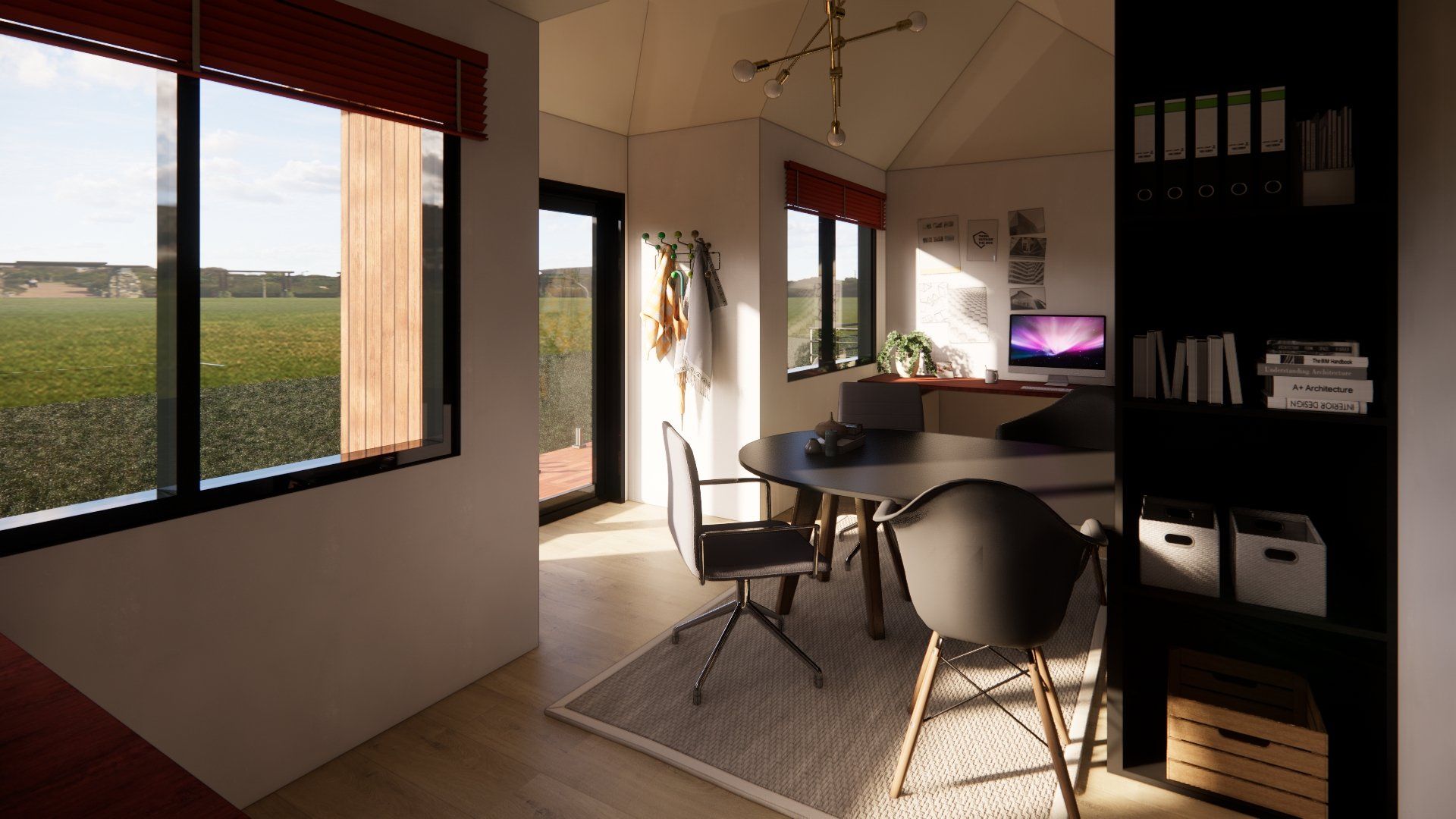 An artist 's impression of a living room with a table and chairs.
