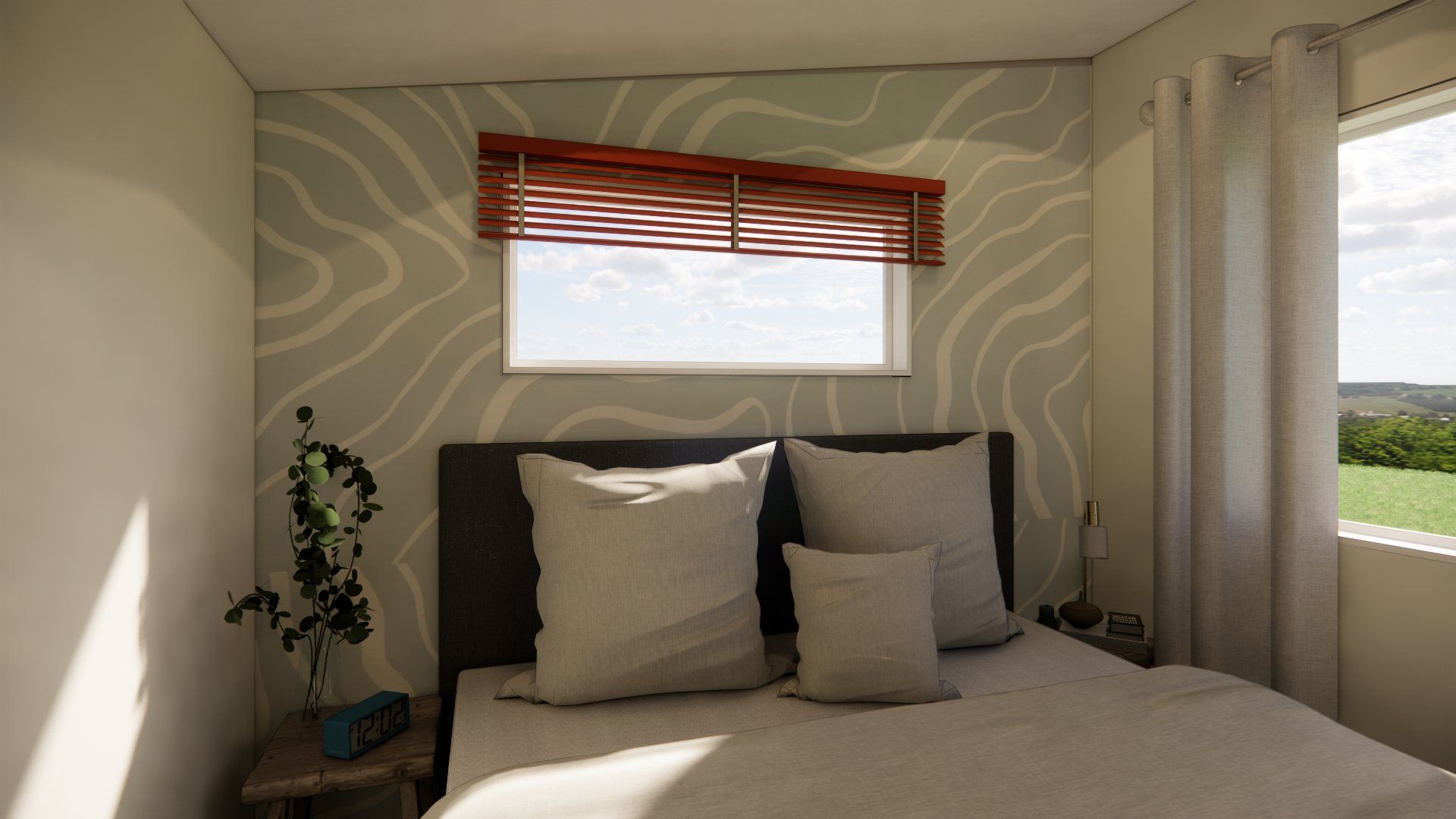 A bedroom with a bed , nightstand , and window.