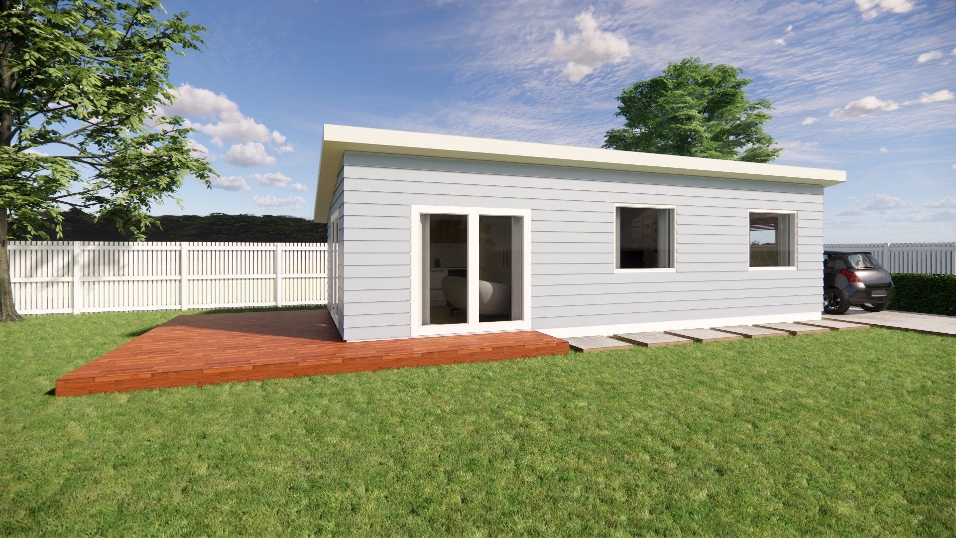 An artist 's impression of a small house with a car parked in front of it.