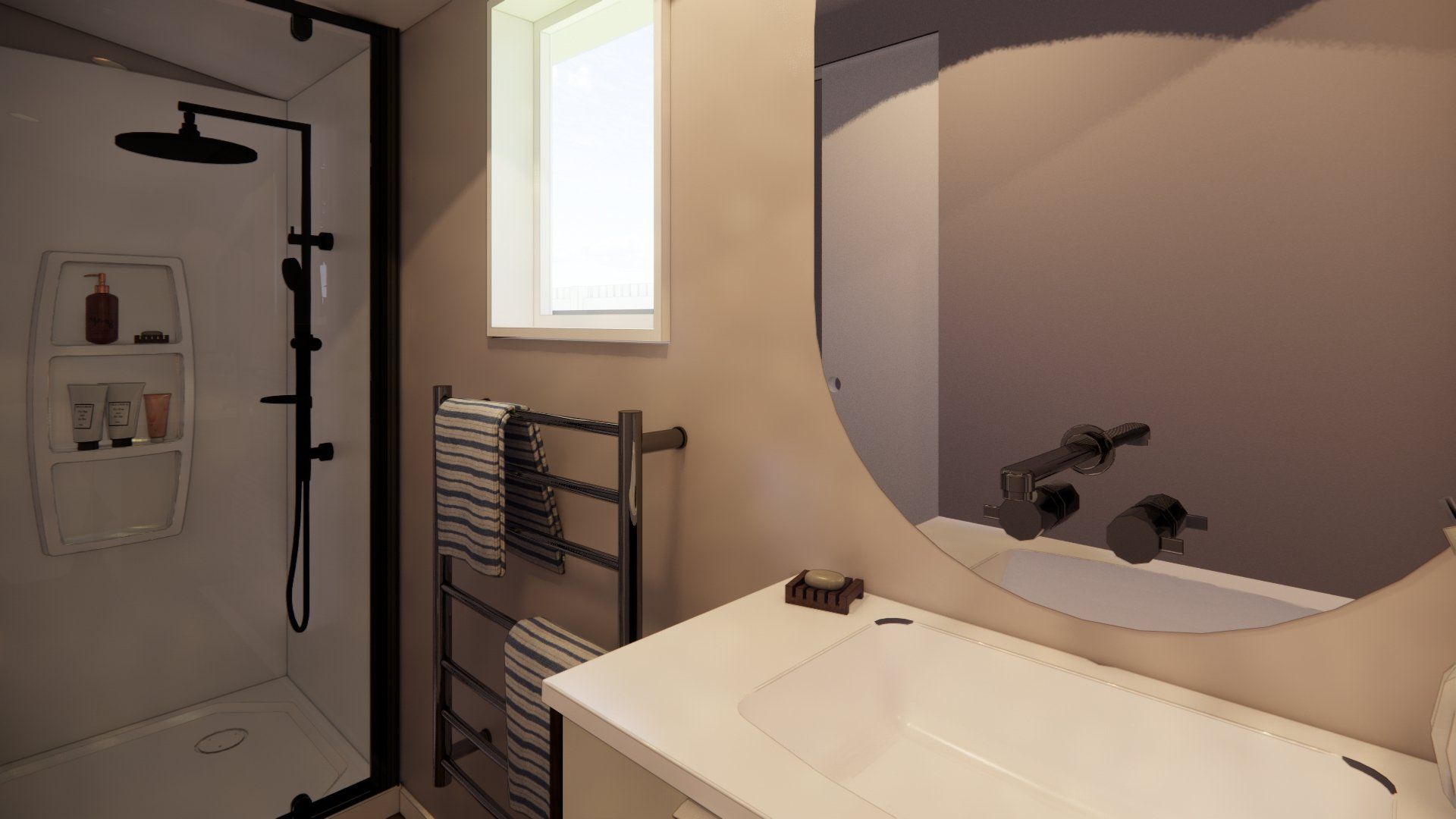 A bathroom with a sink , shower , and mirror.
