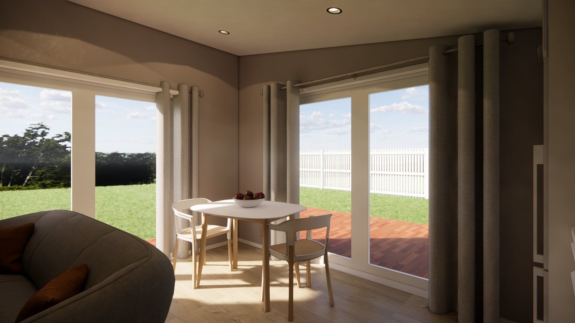 A living room with a table and chairs and sliding glass doors.