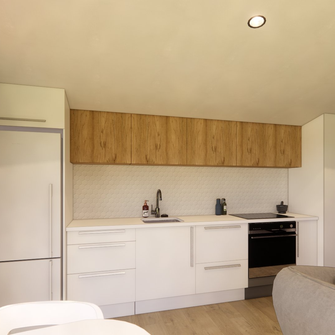 A kitchen with white cabinets and wooden cabinets